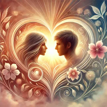 Ilustración de amor verdadero, con dos personas conectadas emocionalmente, rodeadas de un aura luminosa y detalles simbólicos de conexión y sinceridad.
